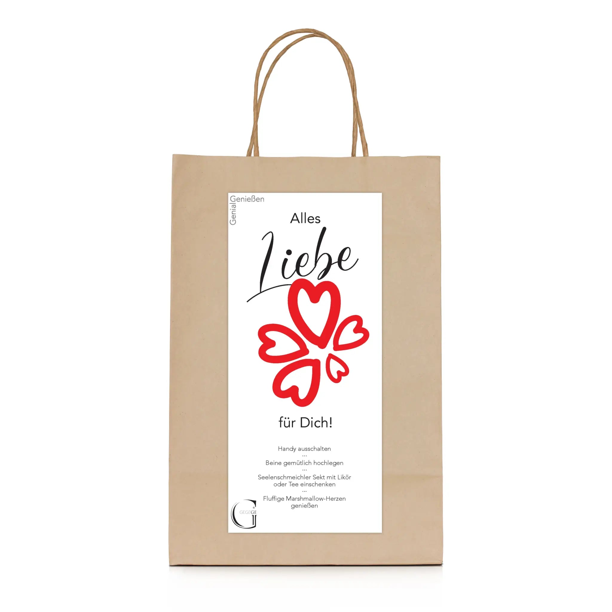 Beige papiertüte mit braunen henkel und weißem etikett mit roten herzen für alles liebe geschenkbox