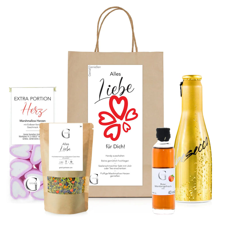 Goldfarben metallic flasche mit schwarzem deckel und kursivem logo im alles liebe für dich geschenktüte präsentkorb