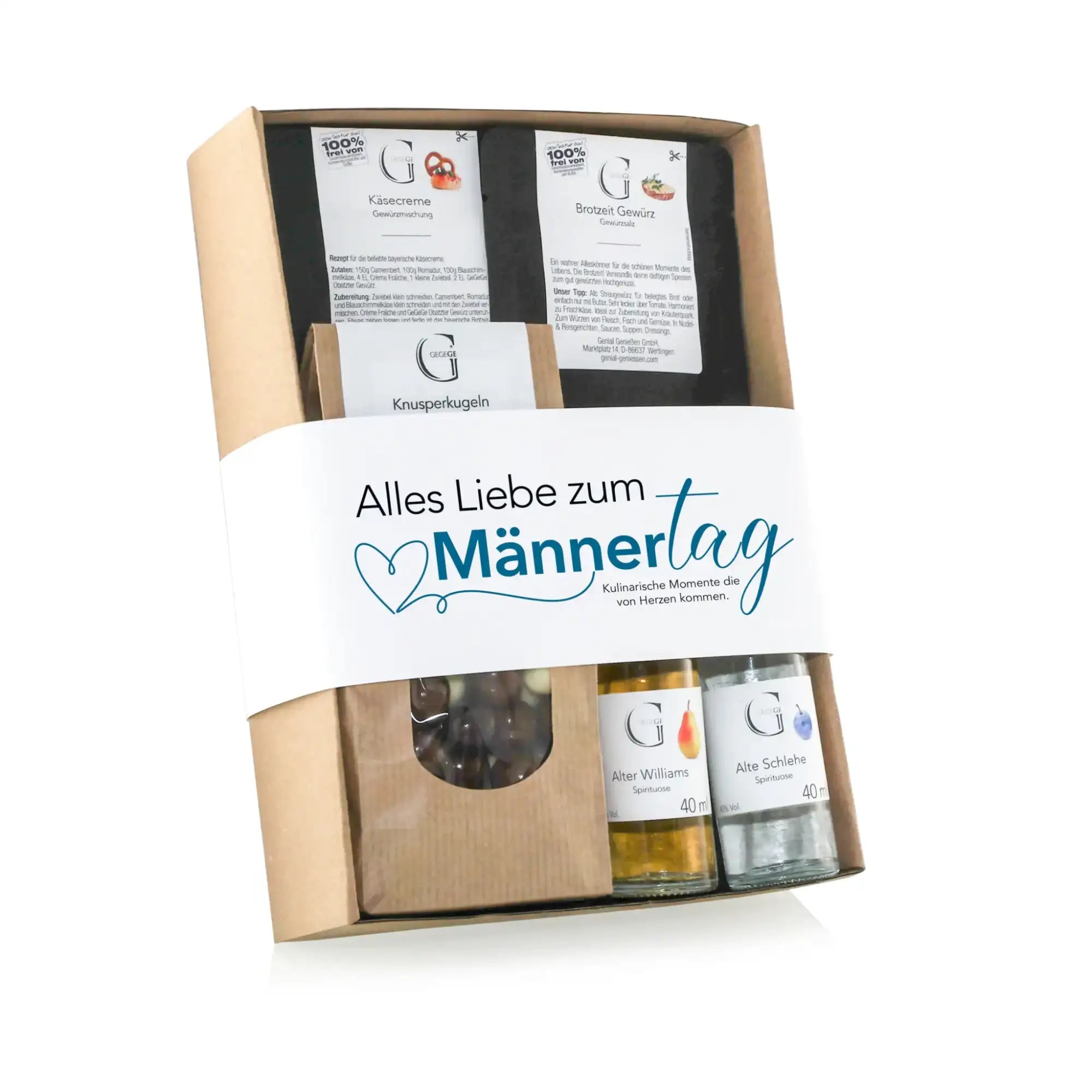 Beige geschenkbox aus karton mit weißem band und blauer schrift gefüllt mit gourmet snack und zwei mini schnapsflaschen