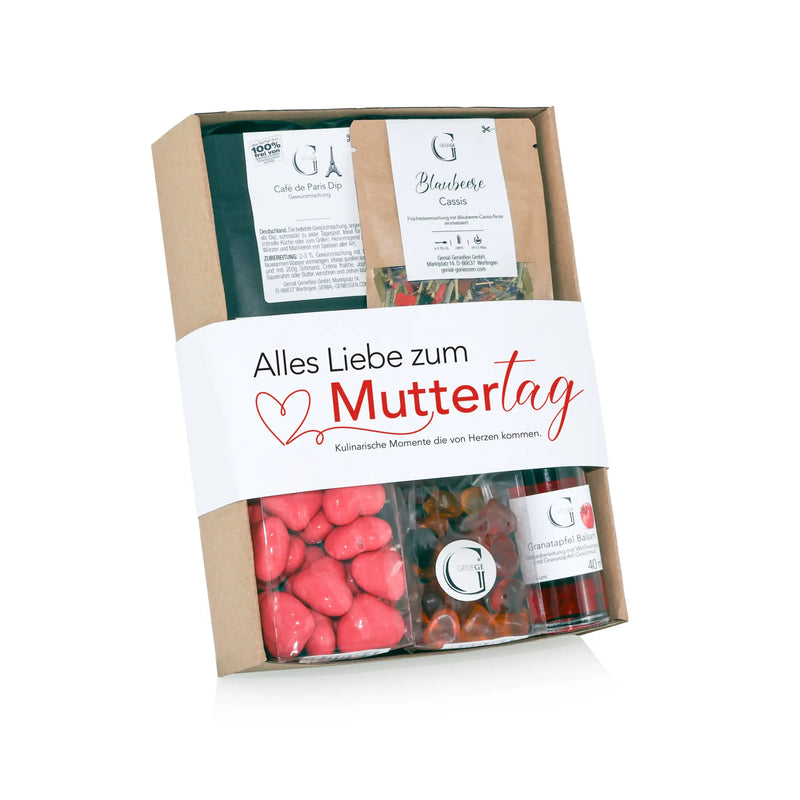 Geschenkset alles liebe zum muttertag mit geschenkbox weißem band roten text herzen rosa bonbons und bernsteinfarbenen gummibärchen