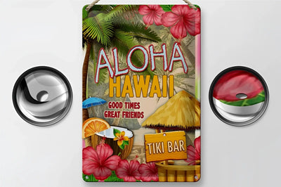 Aloha hawaii blechschild 20x30cm mit pinken hibiskusblumen palmwedeln tiki bar und spruch good times great friends
