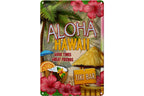 Aloha hawaii blechschild 20x30cm mit bunten hibiskusblumen, palmen, tiki bar und kräftigem rot-gelbem text