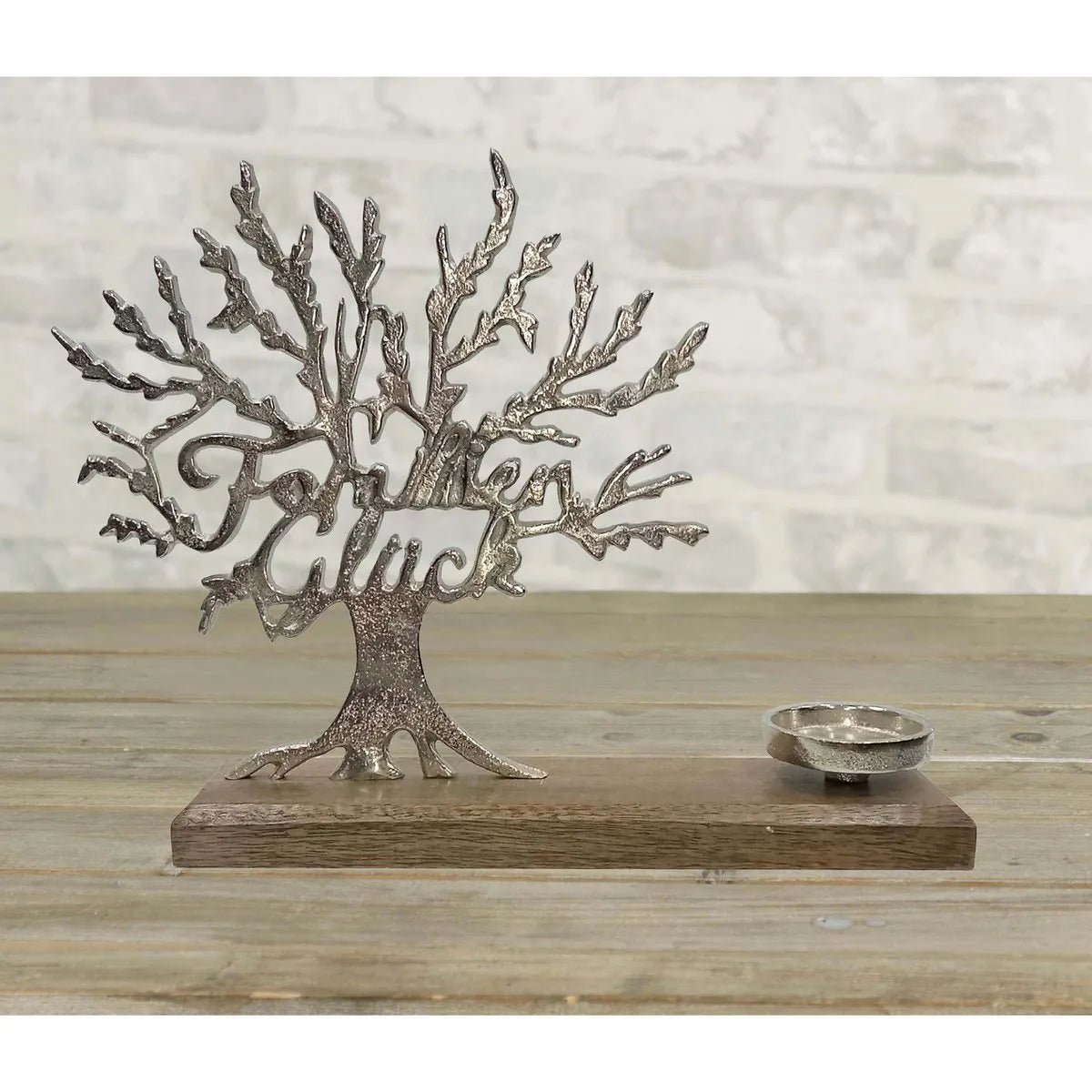 Aluminium - Baum mit Kerzenhalter, Schriftzug "Familienglück", 37 x 8 x 28 cm, silber - Dekorativer Kerzenständer für ein harmonisches Zuhause von HalloGeschenk.de