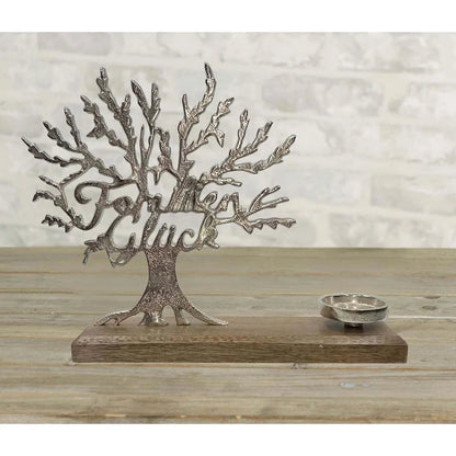 Aluminium - Baum mit Kerzenhalter, Schriftzug "Familienglück", 37 x 8 x 28 cm, silber - Dekorativer Kerzenständer für ein harmonisches Zuhause von HalloGeschenk.de