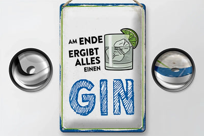 Weißes rechteckiges blechschild mit blauer umrandung und ginglas illustration mit dem schriftzug am ende ergibt alles einen gin