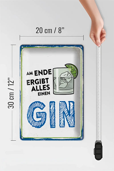 Rechteckiges weißes blechschild mit blau-grünen kanten und handzeichnung eines gin-glases am ende ergibt alles einen gin