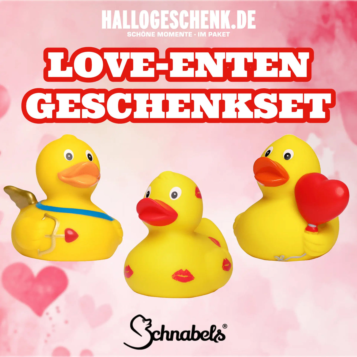 Gelbe gummienten mit roten akzenten und romantischen designs aus pvc im amor love liebe valentinstag badeenten set