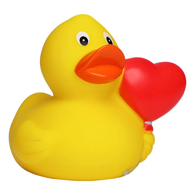 Ein gelber badeente aus pvc mit oranger schnabel und rotem herzballon Valentinstag Enten Set