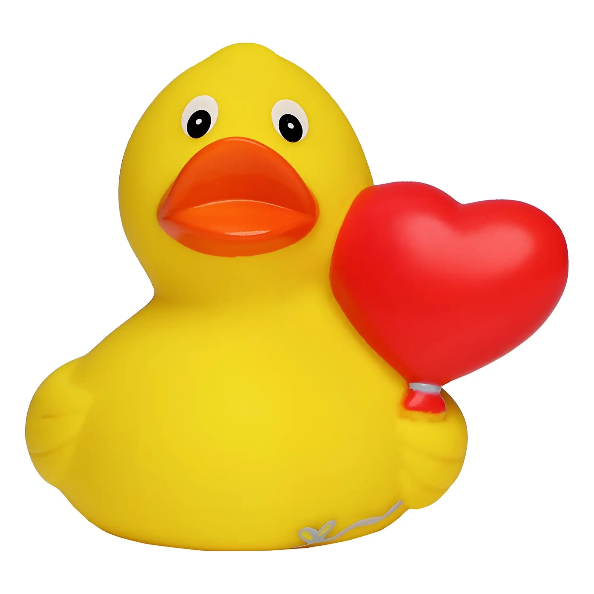 Eine gelbe pvc badeente mit orangem schnabel hält einen roten herzballon im amor love liebe valentinstag set