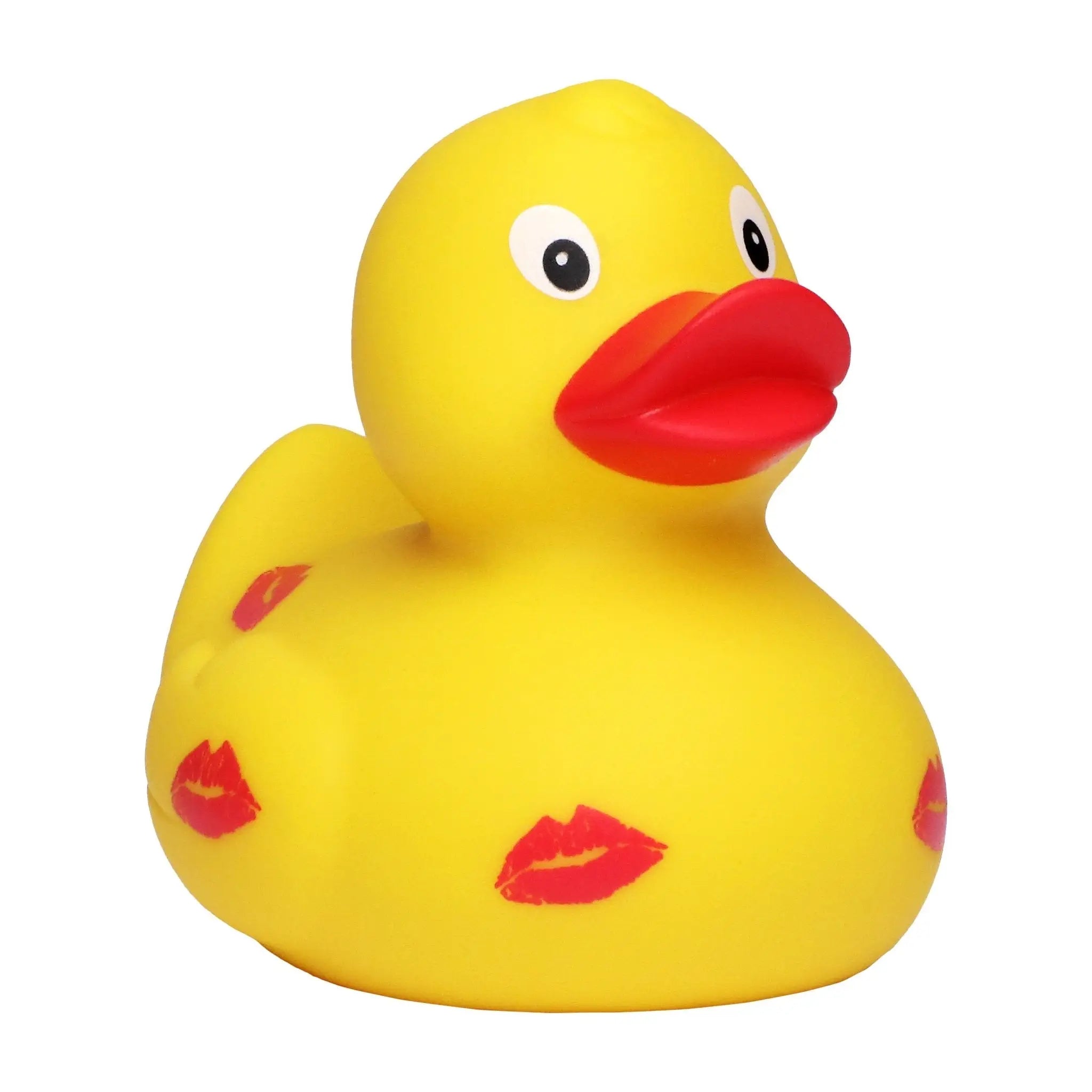 Gelbe gummiente mit roten lippenstiftmustern und rotem schnabel aus pvc im amor love liebe enten-set zum valentinstag