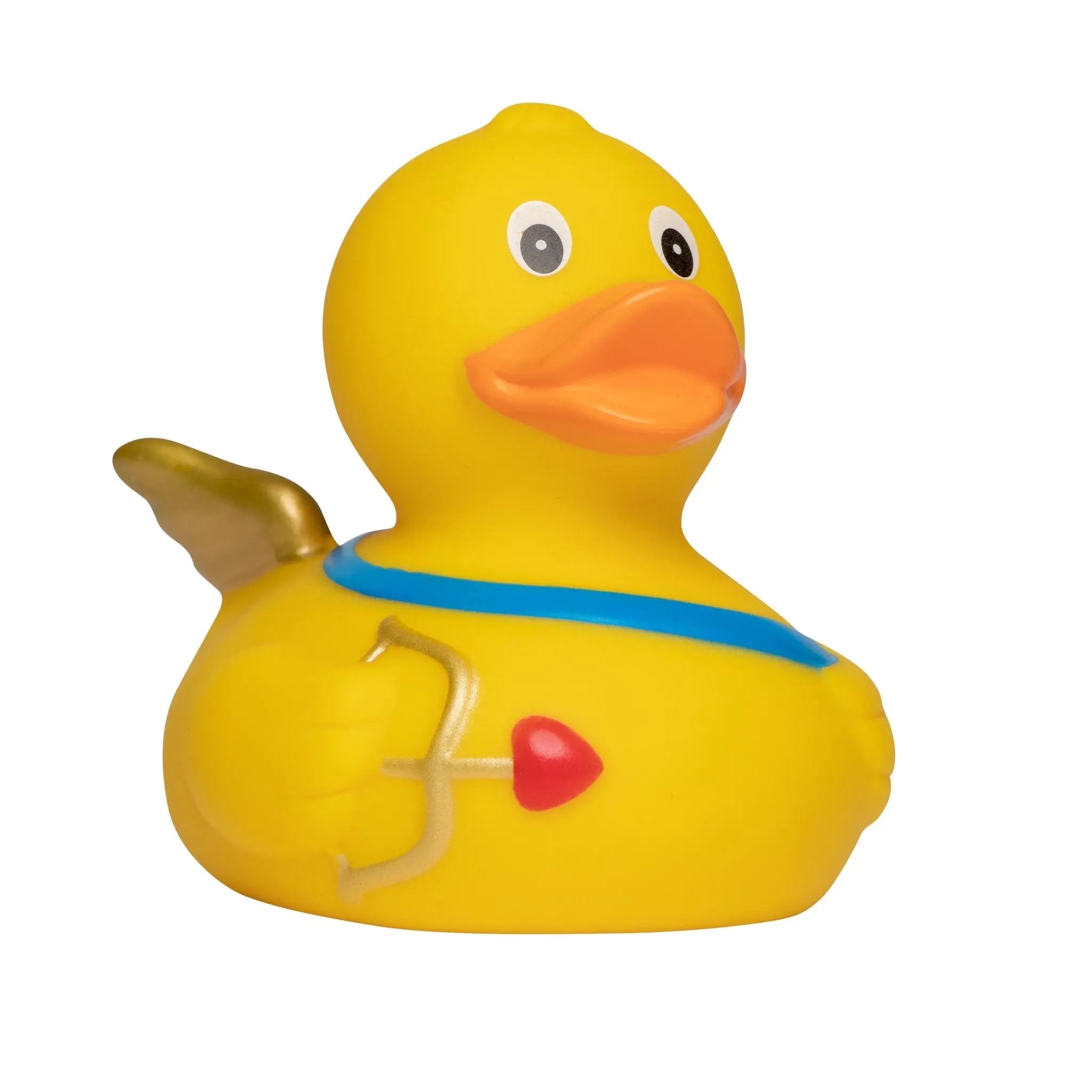 Gelbe badeente aus pvc mit goldflügeln blauer schärpe und goldenem amor-bogen-pfeil motiv fürs valentinstag-set