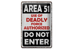 Rustikales metall blechschild 20x30cm in schwarz weiß mit rotem area 51 text und hinweis auf tödliche gewalt