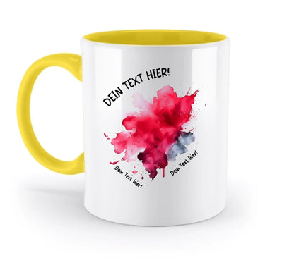 Weiße keramiktasse mit gelbem griff und innen sowie rotem und grauem wasserfarben-design aus der art-klecks statement-collection