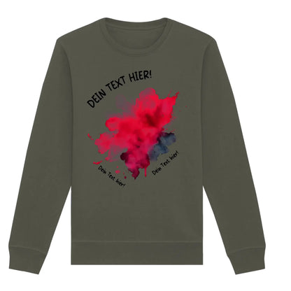 Olivegrünes langarmshirt mit lebendigem rot dunkelblauem farbspritz-design und schwarzem platzhaltertext aus der statement-collection