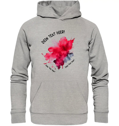 Graue hoodie mit lebendigem rot-blauem aquarellspritzer-design und anpassbarem wunschtext aus der statement-collection