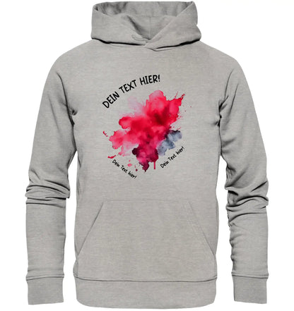 Graue hoodie mit lebendigem rot-blauem aquarellspritzer-design und anpassbarem wunschtext aus der statement-collection