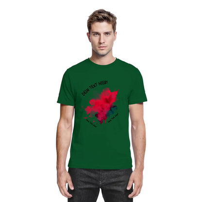 Dunkelgrünes baumwoll t shirt mit rotem und schwarzem abstraktem paint splatter und gebogenem text oben