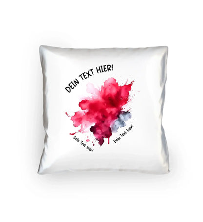 Weiße quadratische kissen mit lebendigem rot grauem aquarellklecks design und anpassbarem wunschtext