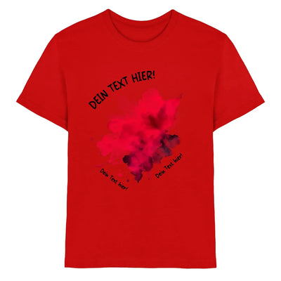 Rotes cotton t-shirt mit pink lila aquarell design und schwarzem dein text hier text aus der statement collection