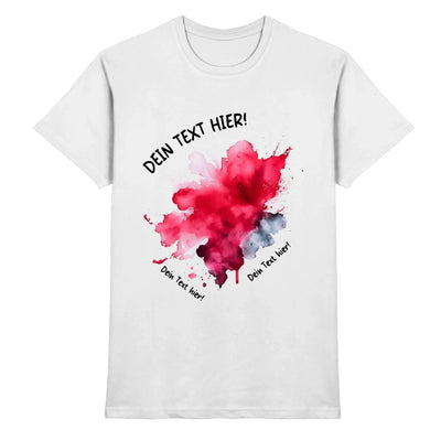 Weißes baumwoll-t-shirt mit rotem und grauem aquarell-farbspritzer-design und anpassbarem schwarzem wunschtext