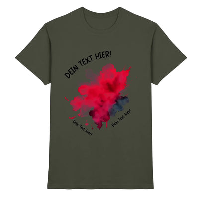 Olivegrünes baumwoll-tshirt mit rot-dunkelblauem paintklecks-design und schwarzen textfeldern aus der statement-collection