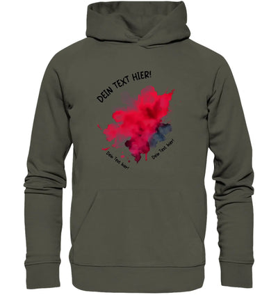 Olivegrüner kapuzenpullover mit leuchtend rotem und dunkelblauem paint-splatter-motiv aus der statement-collection