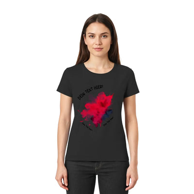 Schwarzes kurzarmshirt mit lebendigem rot-blauem farbspritzer-design und anpassbarem text aus der statement-collection