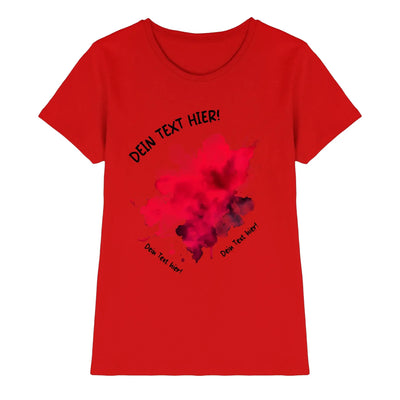 Leiches rotes damen t shirt mit kurzarm und kunstvollem aquarell klecks in rosa und dunkelviolett mit wunschtext