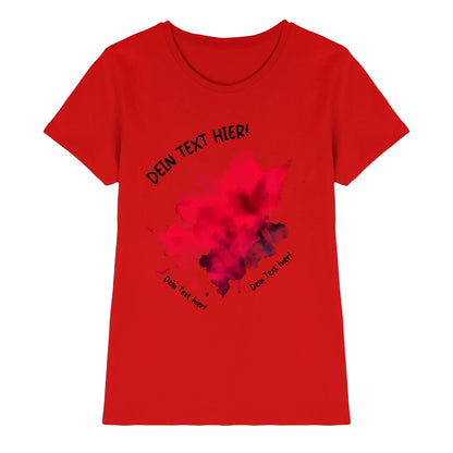 Leiches rotes damen t shirt mit kurzarm und kunstvollem aquarell klecks in rosa und dunkelviolett mit wunschtext