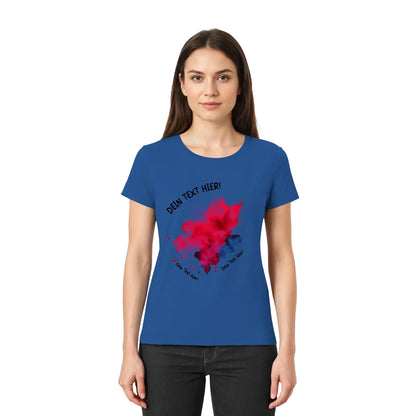 Blaues damen t-shirt mit rotem und schwarzem splatter-design aus der statement-collection mit wunschtext