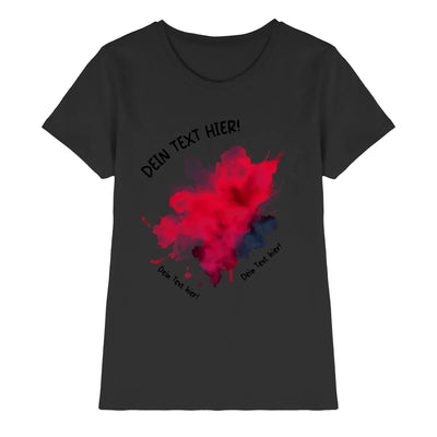 Schwarzes baumwollshirt mit buntem rot-blauem tintenspritzer-design aus der statement-collection mit wunschtext
