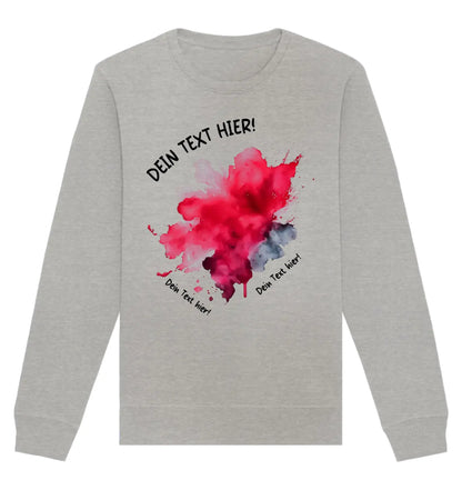 heather grau Sweatshirt aus der statement collection mit rot und blau watercolor splash Design und schwarz Text placeholders