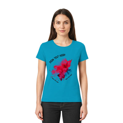 Ein lebhaftes Petrolfarben kurzes damen t shirt mit auffälligem rot schwarzen paint splatter design aus der statement collection