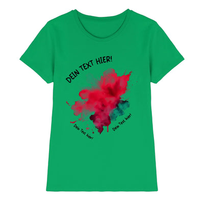 Lebensfrohes grünes damen t-shirt mit rotem und türkisfarbenem aquarellfleck aus der statement-collection mit wunschtext