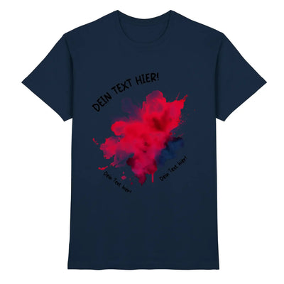 Marine blaue baumwoll t shirt mit auffälligem rot schwarzem tinten spritzer design und individuellem text