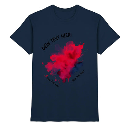 Marine blaue baumwoll t shirt mit auffälligem rot schwarzem tinten spritzer design und individuellem text