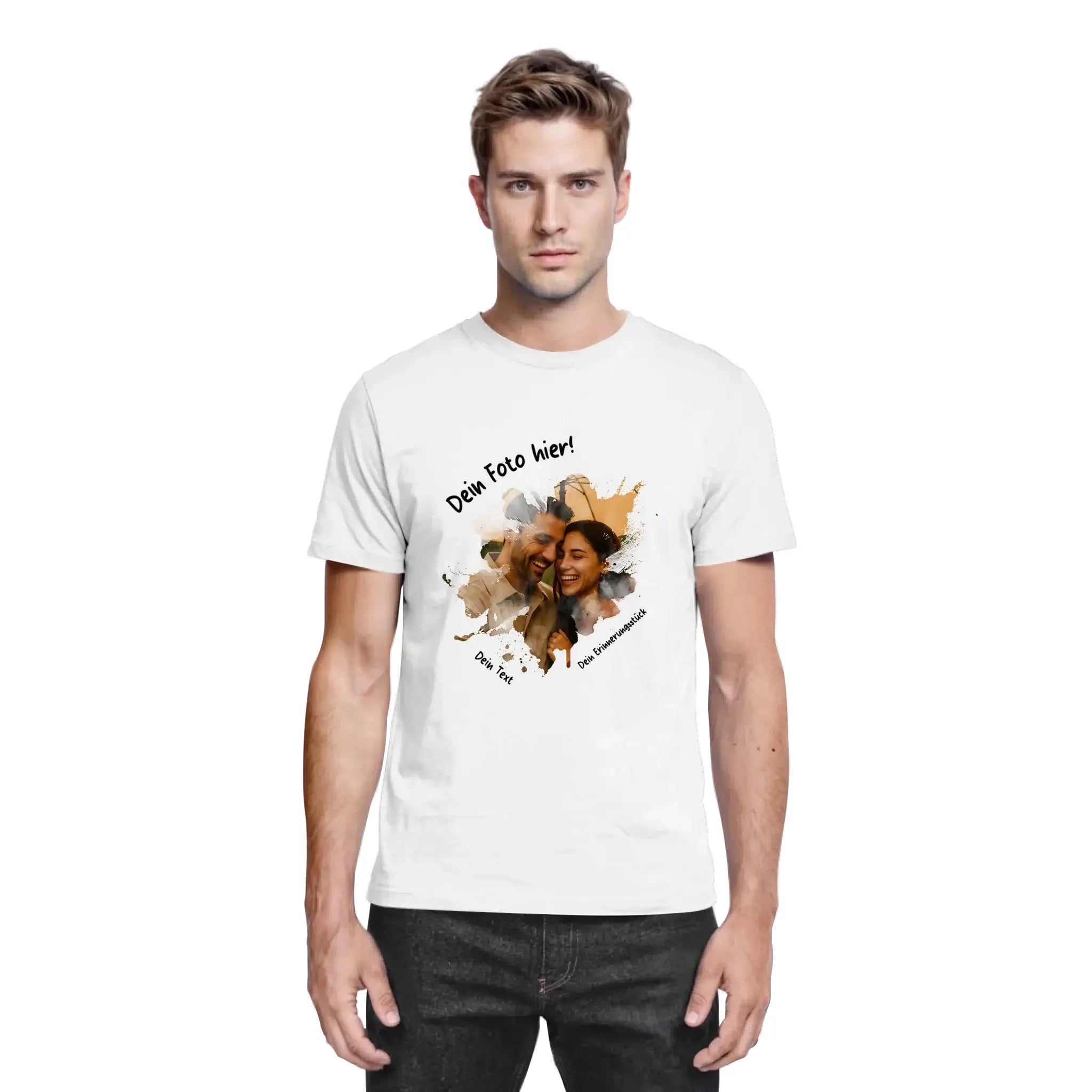 Weiße baumwollshirt mit aquarellfoto von zwei lachenden personen und deutschem text aus der statement-collection