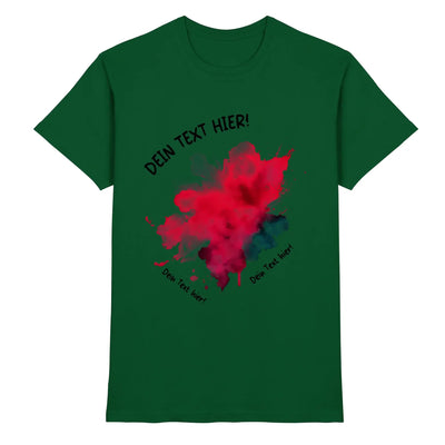 Dunkelgrünes baumwoll-t-shirt mit rotem und blauem farbspritzer-print und schwarzem platzhaltertext aus der statement-collection