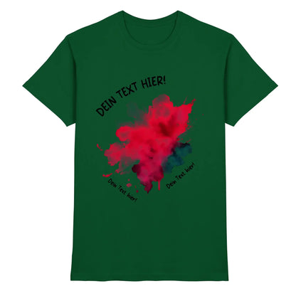 Dunkelgrünes baumwoll-t-shirt mit rotem und blauem farbspritzer-print und schwarzem platzhaltertext aus der statement-collection