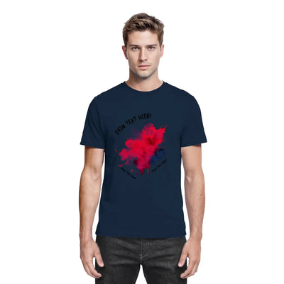 Marine blaue baumwoll tshirt mit leuchtendem roten abstraktem farbspritzer und schwarzem platzhaltertext aus statement collection