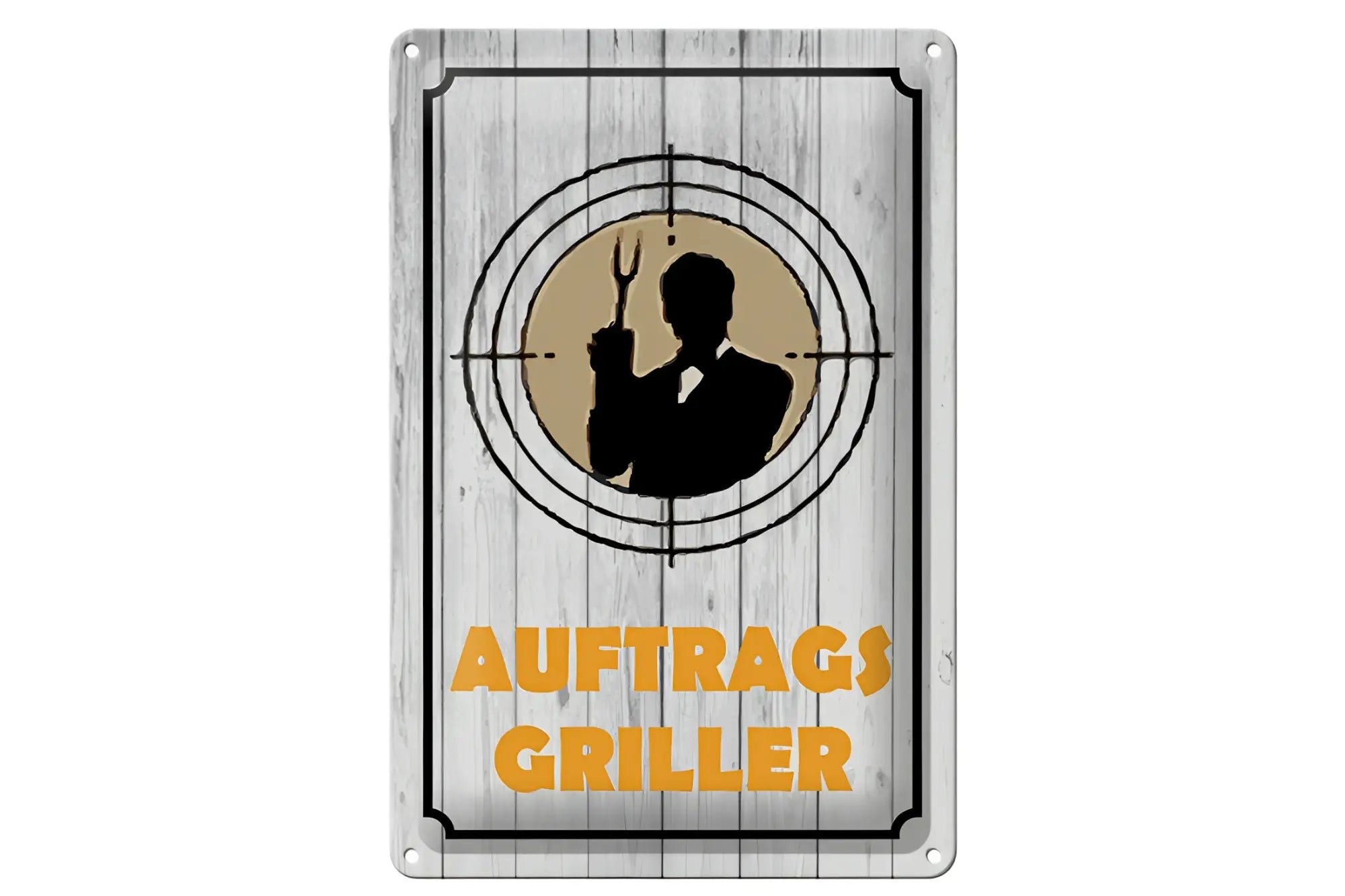 Rechteckiges auftragsgriller blechschild 20x30cm mit wetterholzoptik und schwarzer mannen-silhouette im zielkreis