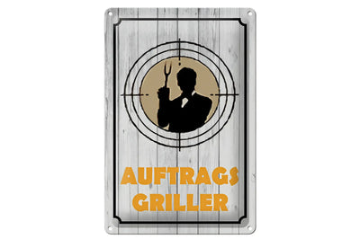Rechteckiges auftragsgriller blechschild 20x30cm mit wetterholzoptik und schwarzer mannen-silhouette im zielkreis