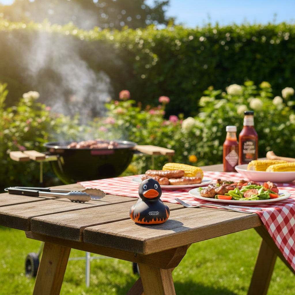 Schwarze gummiente mit orangeflammen und auftragsgriller logo auf dem schnabel als grillmeister quietscheente