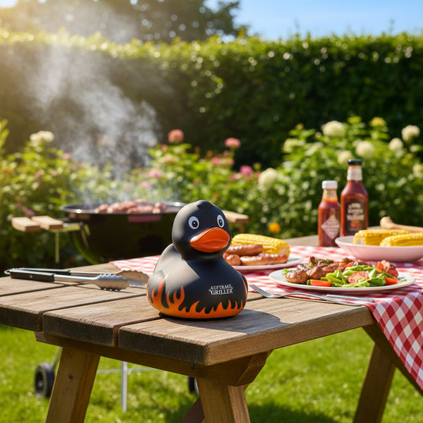 Schwarze gummiente mit orangeflammen und auftragsgriller logo auf dem schnabel als grillmeister quietscheente