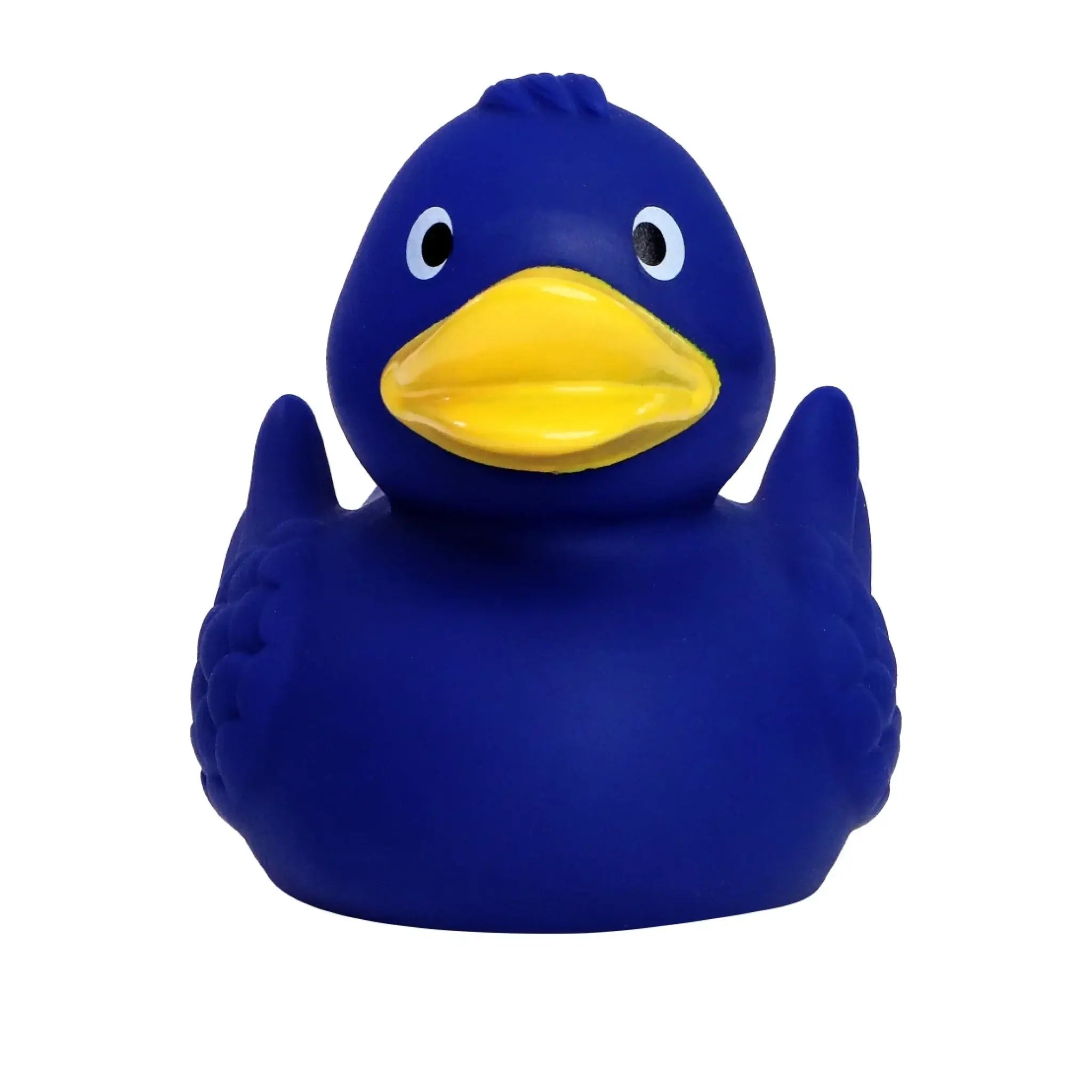 Eine lebendige königsblaue quietsche-ente aus gummi mit gelbem schnabel und logo für b2b und anlässe