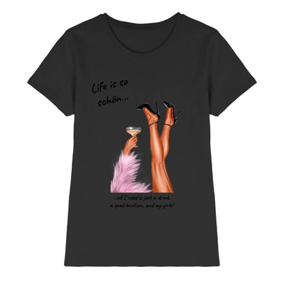 Schwarzes kurzarmshirt mit party-beine grafik und spruch life is so schön personalisierte figur wunschtext