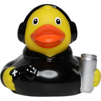 Gelbe badeente gamer mit schwarzen kopfhörern und hoodie hält silberne dose perfekt für videospiele fans