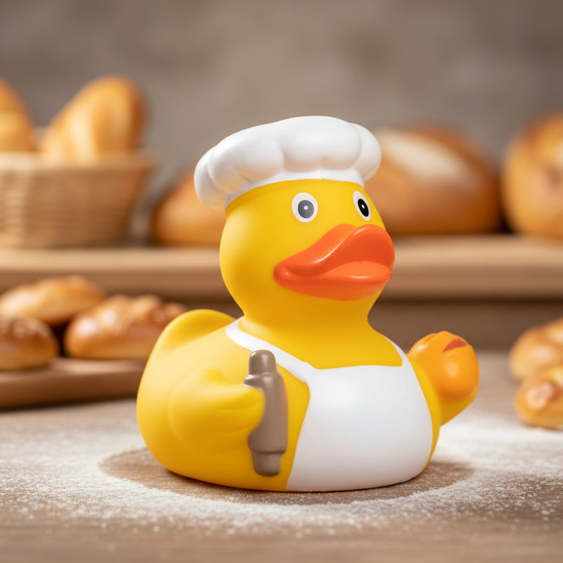 Gelbe quietsche-ente als bäcker mit weißer mütze und schürze hält braune schokosoße flasche für badeente spaß
