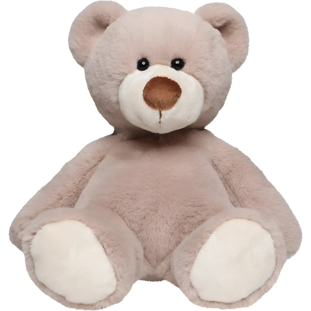 Weicher plüschteddybär bär nanna in taupe mit weißer schnauze brauner nase und schwarzen knopfaugen aus stoff