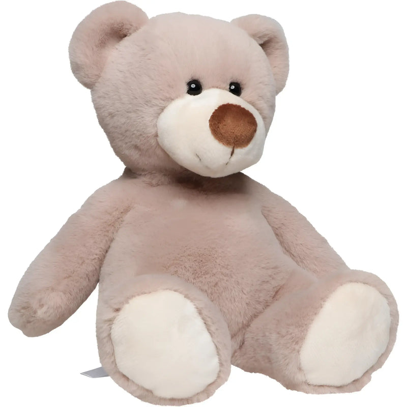 Ein weicher taupe plüschteddy mit cremefarbener schnauze und brauner nase namens bär nanna